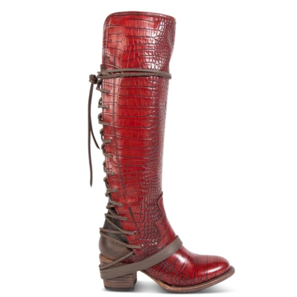 Freebird by Steven Red Croc-Embossed Knee Boots with Wrap Laces - Picture 2 of 2